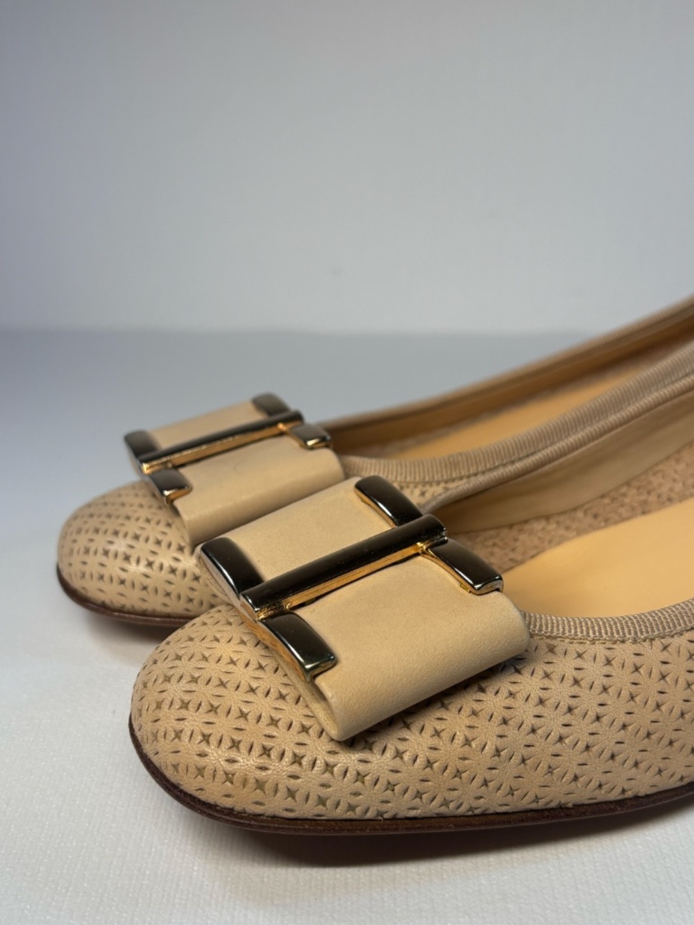 Sesto Meucci Firenze Italy Beige Leather Bow Pumps Block Heel Size 7W - Picture 8 of 14